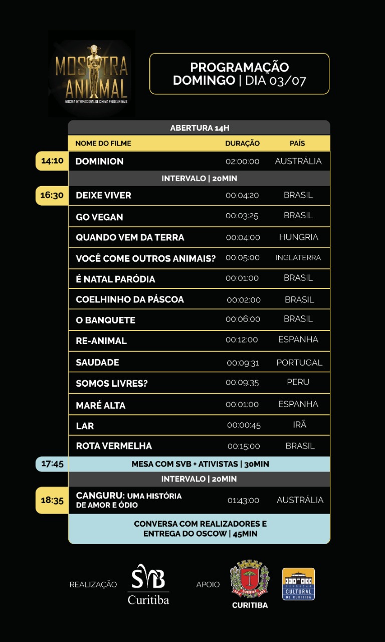 Programação da Mostra Animal 2022 de domingo